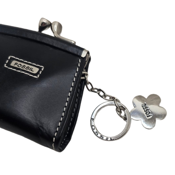 Vintage Fossil Mini Black Leather Coin Purse Kisslock Daisy Charm - Picture 5 of 10